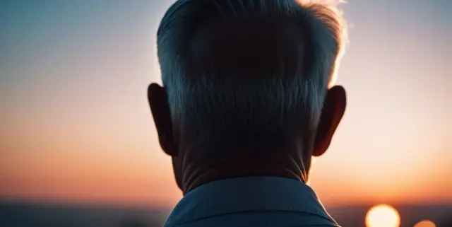 Un anziano visto da dietro con un tramonto sullo sfondo